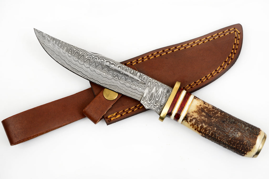Red Deer® Damuscus Hunting Knife W. Case Stag and Bone handle Brown