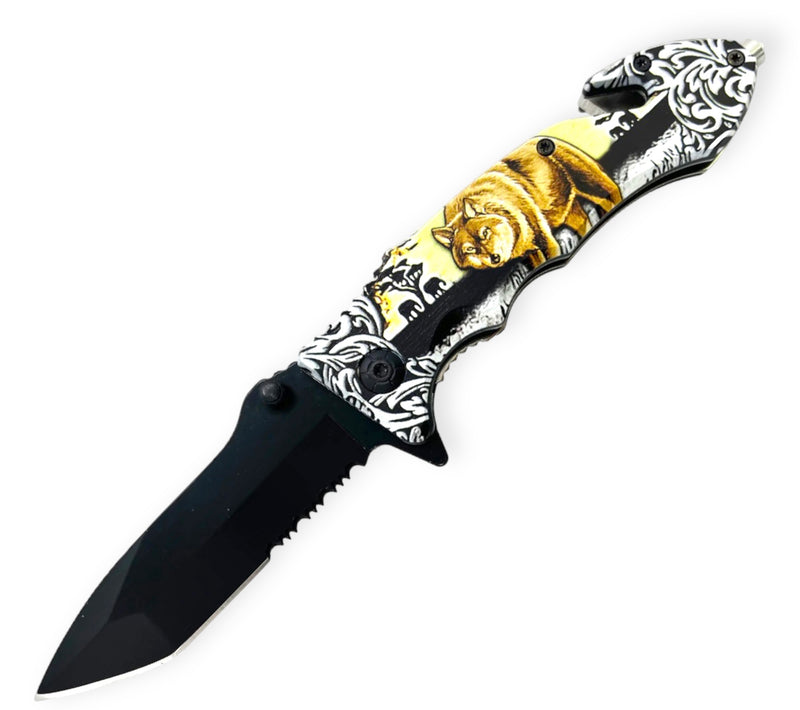 8.5 Inch Tiger USA Spring Assisted Knife Tanto - Yellow/White Black Wolf