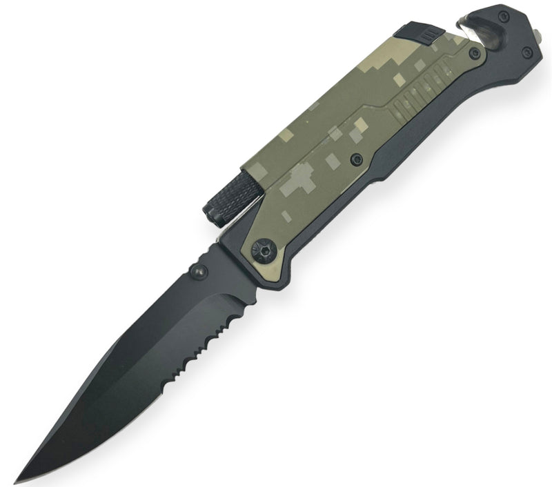 Tiger USA Tactical Spring Assisted Rescue Knife Fire Starter camo