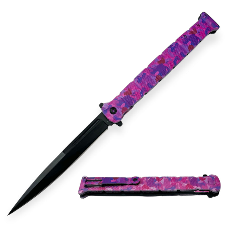11 Inch Large Military Spring Assisted Folding Pocket Knife Pink Camo