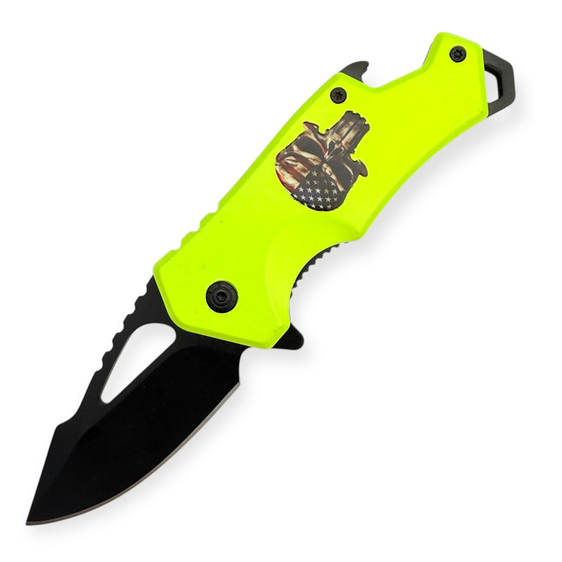 DROP POINT GREEN HANDLE  AMERICAN SKULL