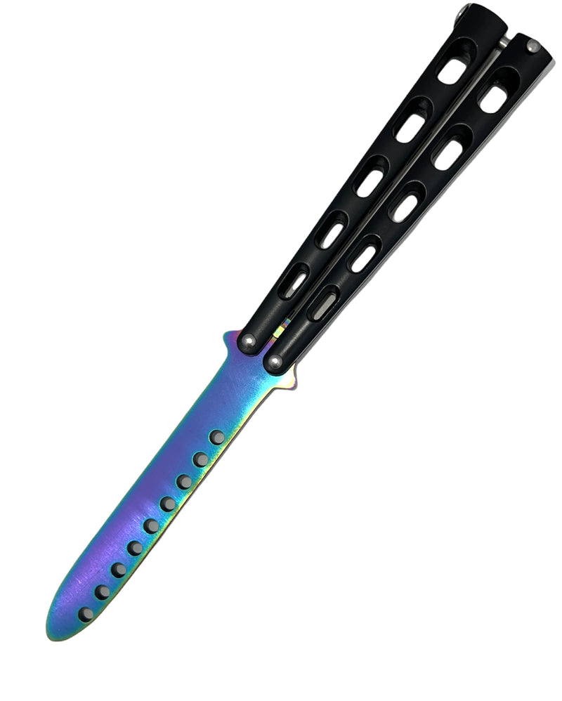 Tiger-USA Butterfly Training Knife 440 Stainless 8.85 Inch - Black Rainbow "blade"