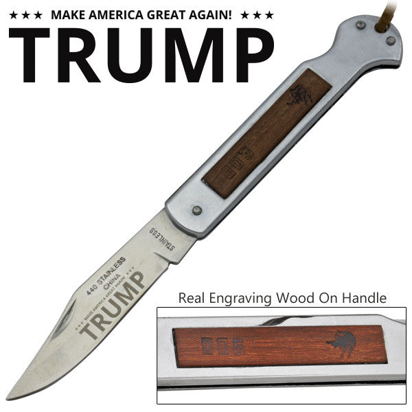 Trump Steel Manual Folding Knife W/ Engravable Wood Handle, , Panther Trading Company- Panther Wholesale