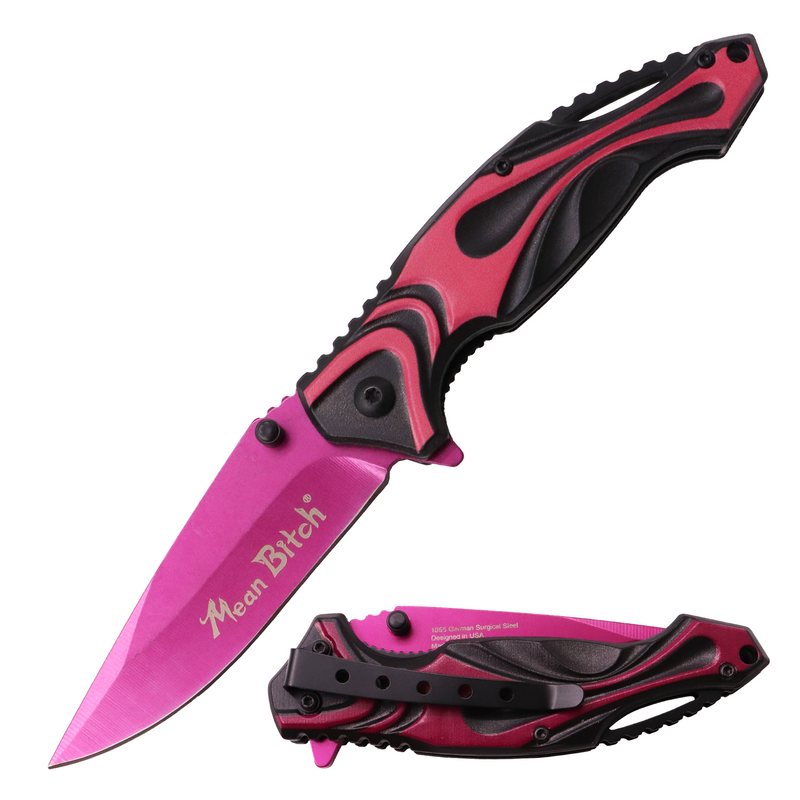 MEAN BITCH Spring Assisted Blade Tiger-USA Capitol Agent Knife HOT PINK AND BLACK