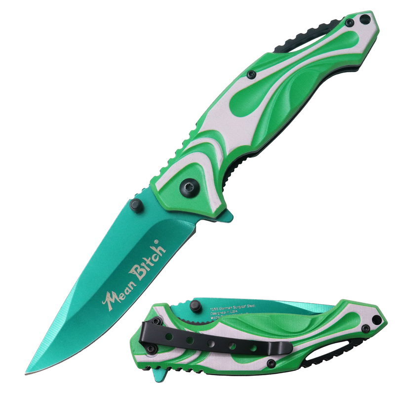 MEAN BITCH Spring Assisted Blade Tiger-USA Capitol Agent Knife GREEN AND WHITE