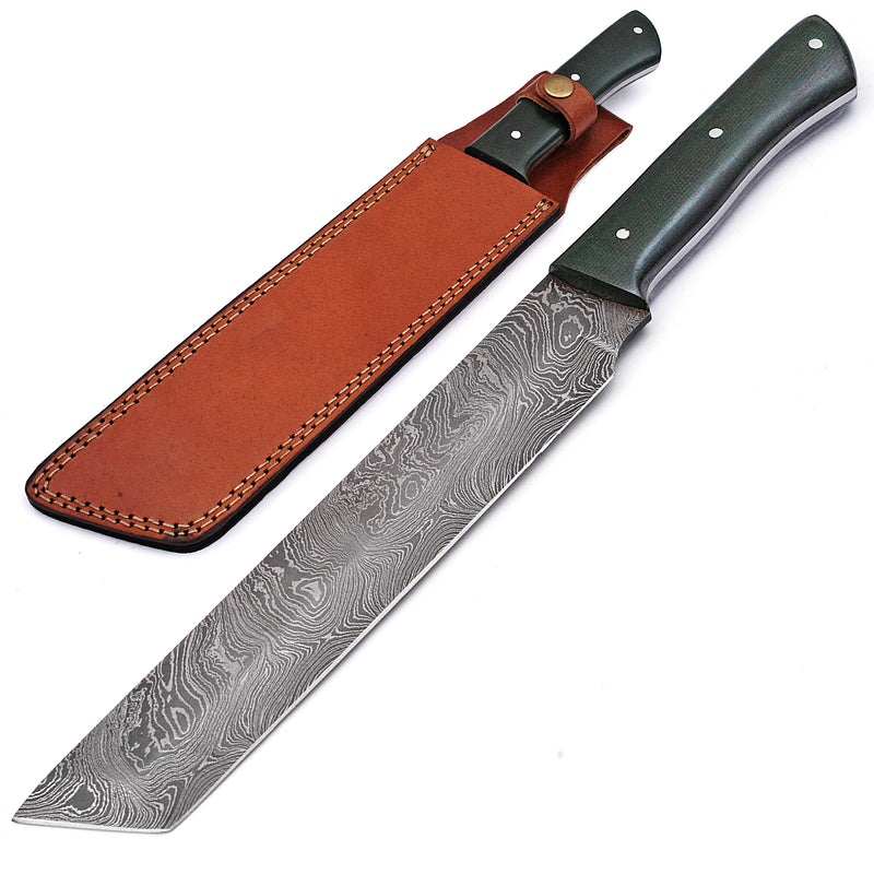 Fixed Blade Damascus Tanto Hunting Knife - Green