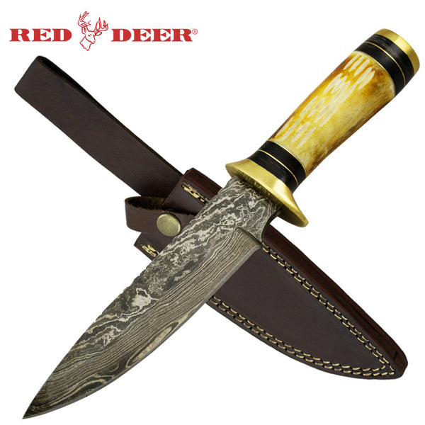 Red Deer Bone Cherokee Damascus Full Tang Knife – Panther Wholesale