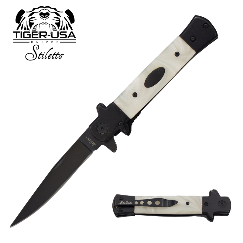 9 Inch Eurotop Stiletto Style knife - White Marble Black Blade, , Panther Trading Company- Panther Wholesale