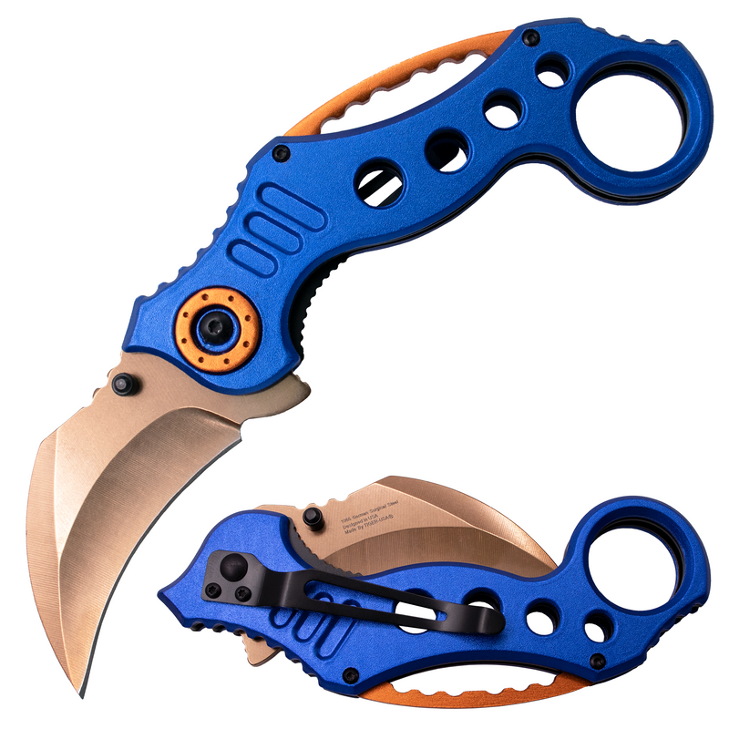 7.5 Inch Tiger-USA Dual-Colored Karambit Style Knife - BLUE AND ORANGE