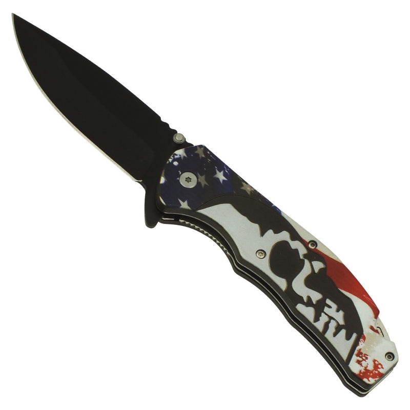 American Pride US Flag Spring Assisted Drop Point Pocket Knife with Skull Handle