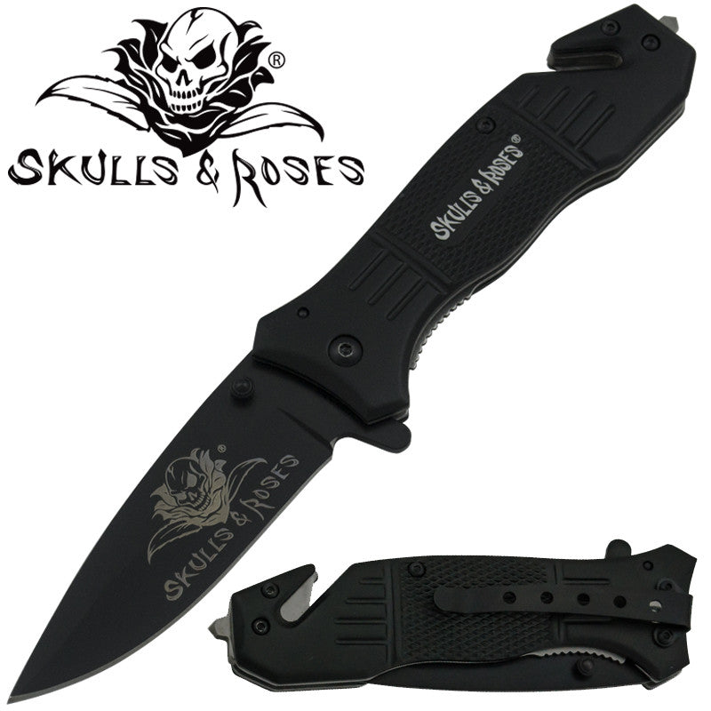 Skulls & Roses Trigger Action Liner Lock Drop Point Blade Knife, , Panther Trading Company- Panther Wholesale