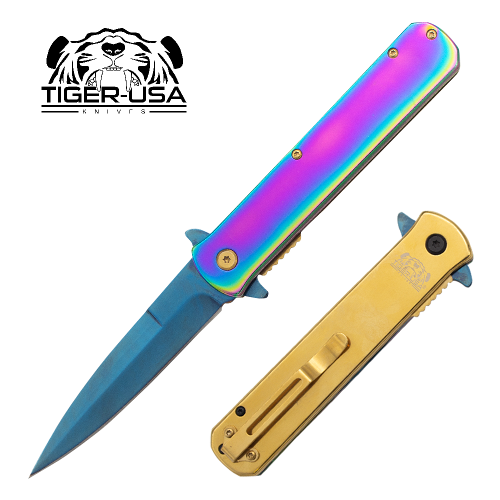 Tiger USA®Metallic Folding knife w/clip (Rainbow Oil Slick, Blue and Gold)