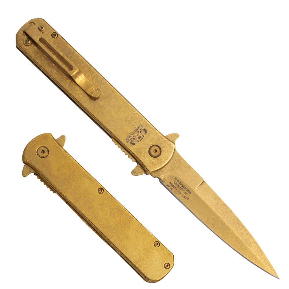 Tiger USA®Metallic Folding knife w/clip (Gold Plated Damascus stamped)