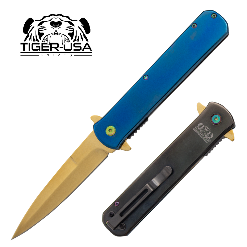 Tiger USA®Metallic Folding knife w/clip (Blue, Black and Gold)
