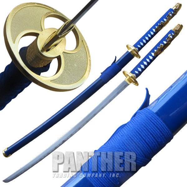 Lunar Blue Katana Sword with Gold Finish Guard, , Panther Trading Company- Panther Wholesale