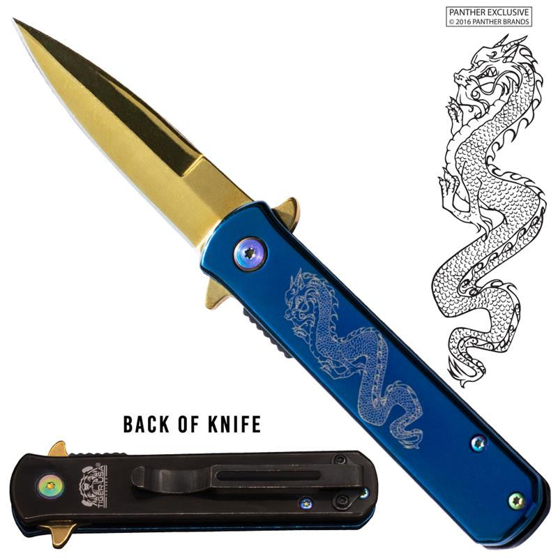 Tiger USA® Folding knife w/clip (Gold & Blue Color) Dragon, , Panther Trading Company- Panther Wholesale