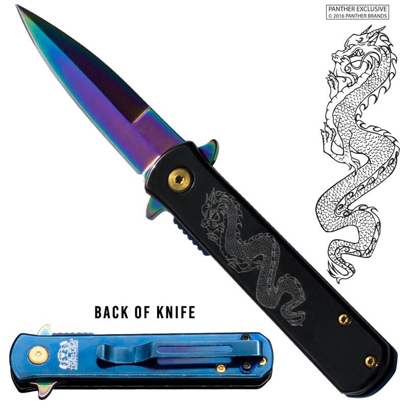 Tiger USA® Folding knife w/clip (Rainbow & Black Color) Dragon, , Panther Trading Company- Panther Wholesale