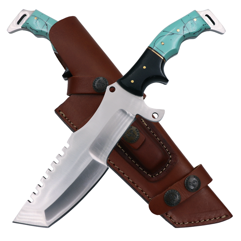 12'' D2 Full Tang Bushcraft Survival Tracker Combat Hunting Knife with Turquiose Resin and Cowhide Leather Sheath