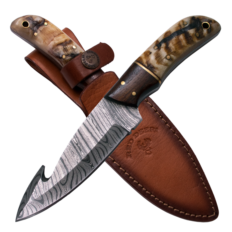 8.5'' Full Tang Gut Hook Damascus Hunting Knife Wood and Bone Handle