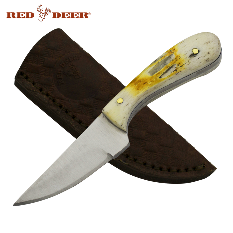 4 1/2in Red Deer Hunting Neck Knife with Burnt Bone Etched Handle, , Panther Trading Company- Panther Wholesale