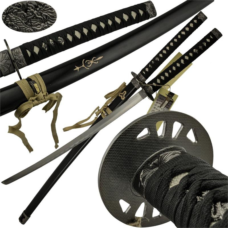 Black, Silver, and Gold Katana Sword with Chinese Writing and Scabbard, , Panther Trading Company- Panther Wholesale
