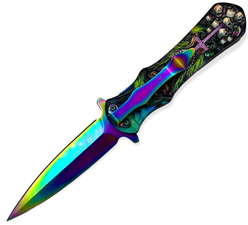 Tiger-USA Pistol Spring Assisted Knife  SKULL WITH CROSS  RAINBOW