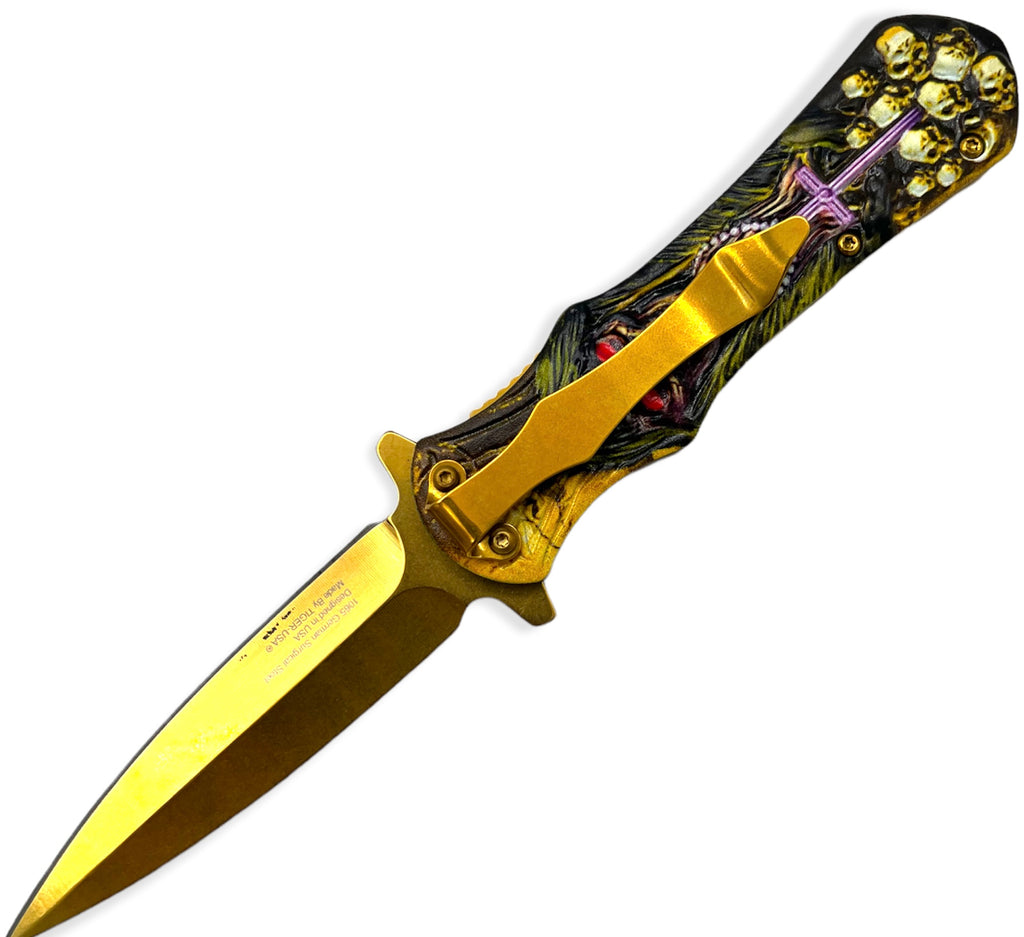 Tiger-USA  Spring Assisted Knife  SKULL WITH CROSS  GOLD