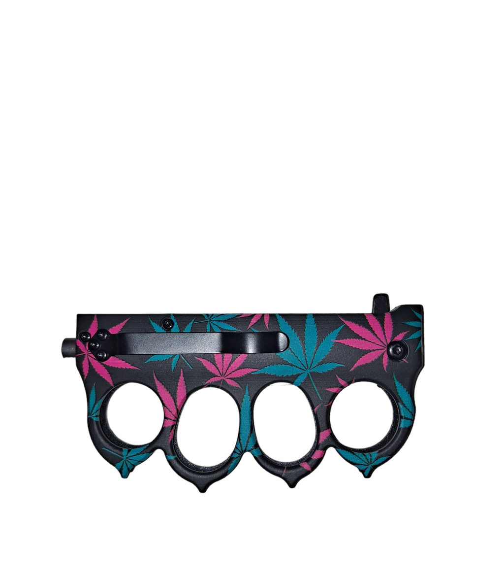 Tropical Leaves Turquoise&pink Knuckle Knife w clip - TIGER USA
