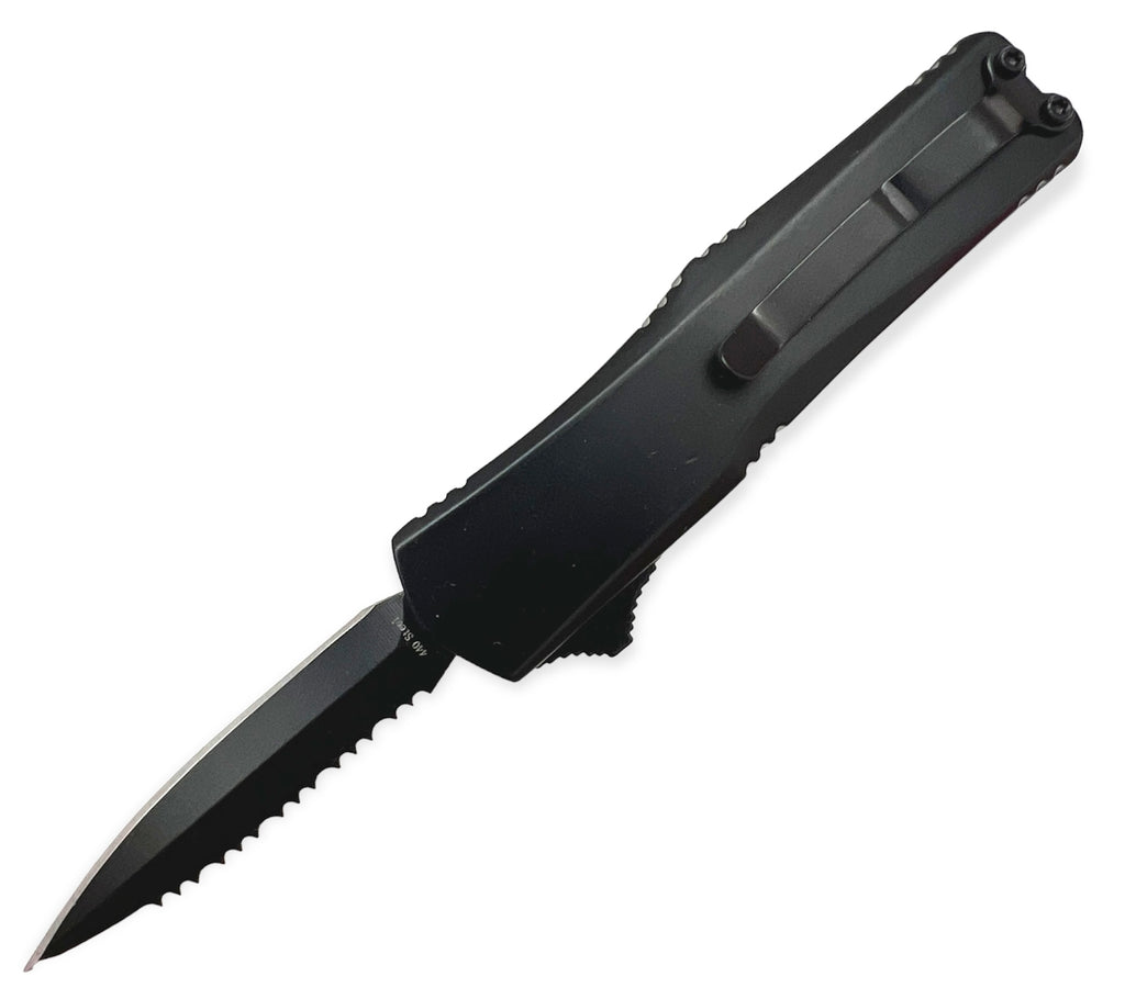 OTF Automatic Knife Drop Point  - Black One Side Serrated