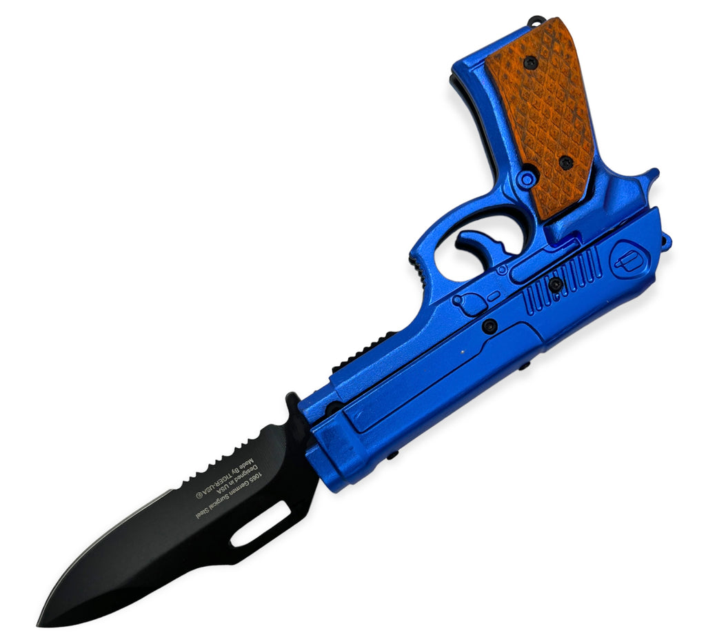 Tiger-USA Lock, Stock and Cock Back Pistol Spring Assisted Knife BLUE