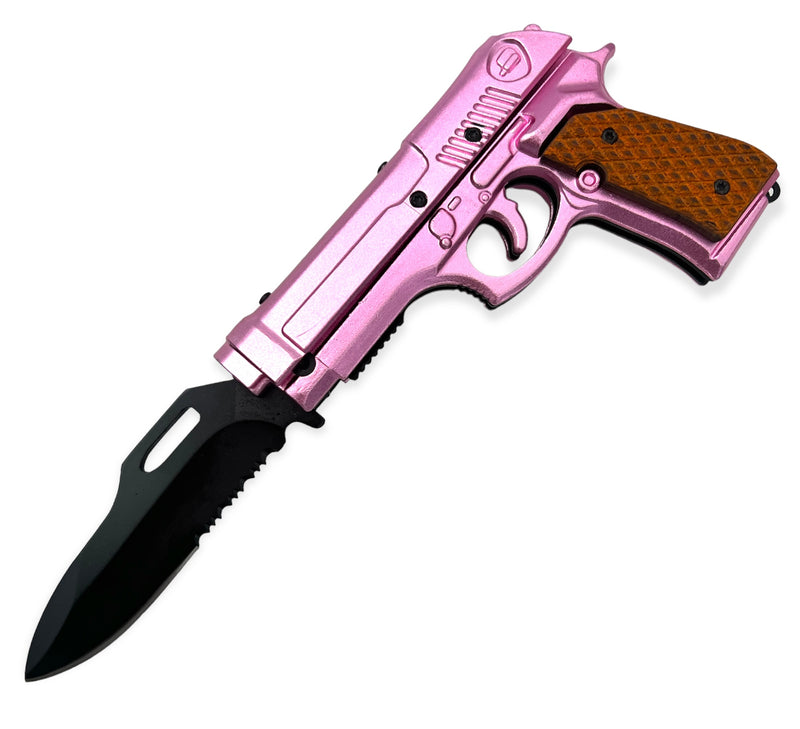 Tiger-USA Lock, Stock and Cock Back Pistol Spring Assisted Knife PINK
