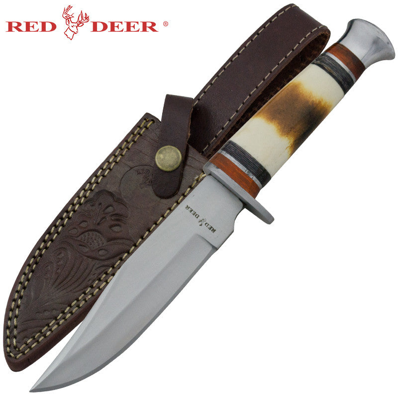 Red Deer Burnt Bone Skinning Knife Red and Black Pakka, , Panther Trading Company- Panther Wholesale