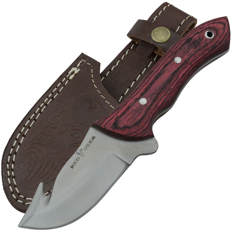 Red Deer Full Tang 440 Stainless Steel Red Pakka Wood Gut Hook Skinning Knife, , Panther Trading Company- Panther Wholesale