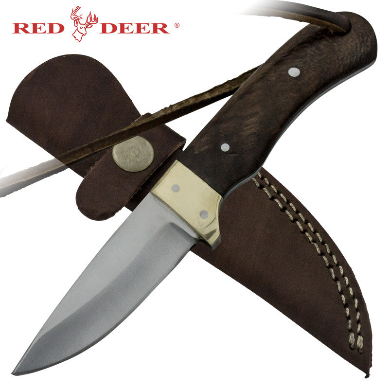 Red Deer Real Brass Pakka Wood Handle 440 Stainless Steel Genuine Leather Sheath, , Panther Trading Company- Panther Wholesale