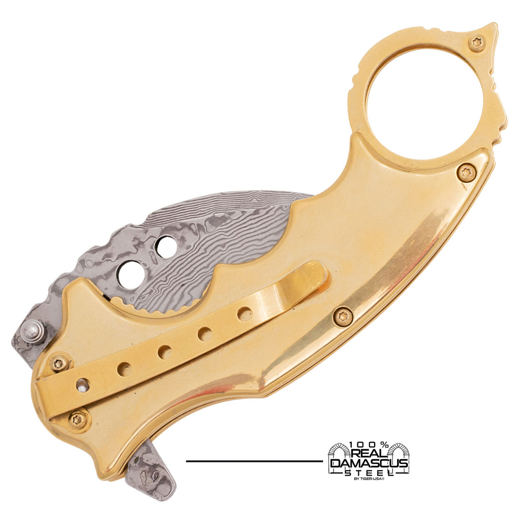 Tiger USA® Karambit Genuine Damascus Steel Spring Assisted Blade Gold