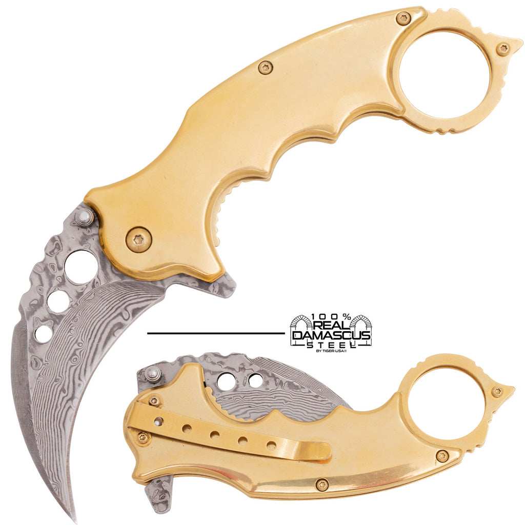 Tiger USA® Karambit Genuine Damascus Steel Spring Assisted Blade Gold