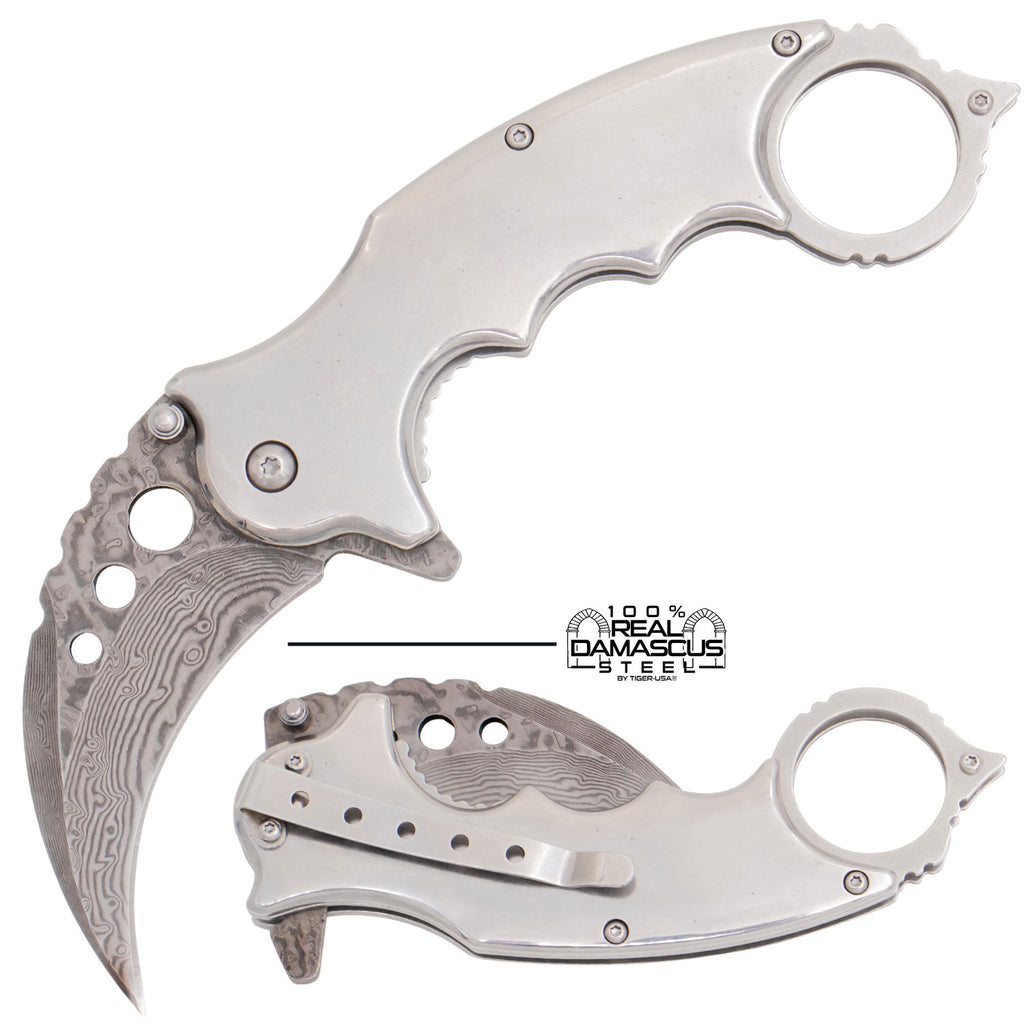 Tiger USAÂ® Karambit Genuine Damascus Steel Spring Assisted Blade Silver