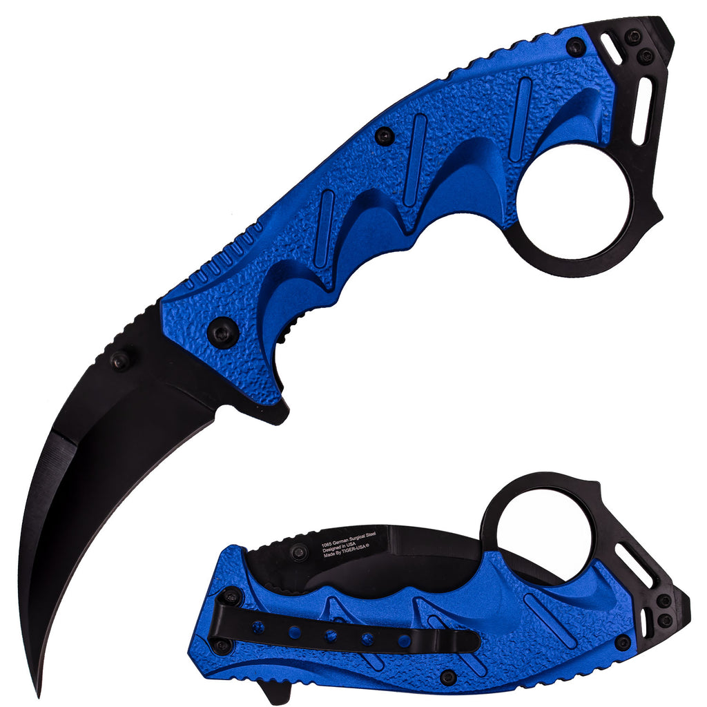 Tiger-USA Spring Assisted Ergogrip Karambit Knife - Blue