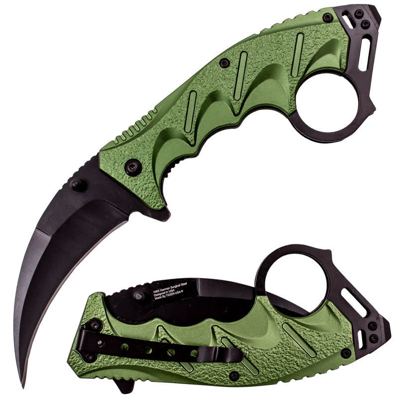 Tiger-USA Spring Assisted Ergogrip Karambit Knife - Green