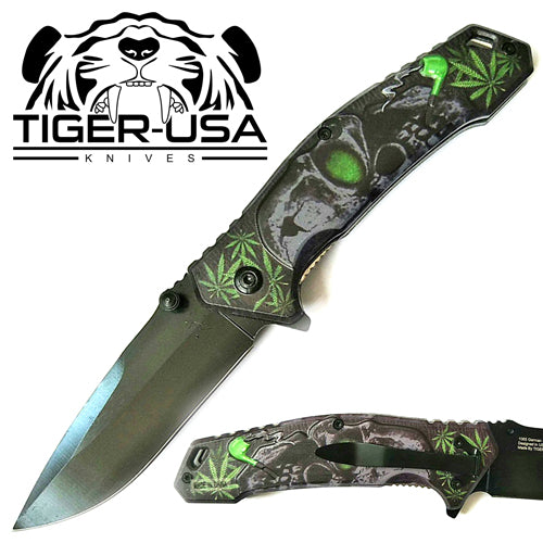 Tiger-USA Spring Assisted Knife - Skull Green
