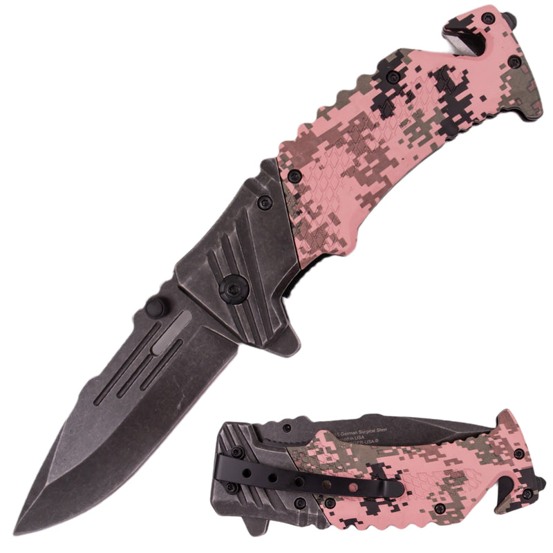 7 Inch Tiger-USA Ergonomic Grip Stonewashed Spring Assisted Knife - Camo Pink