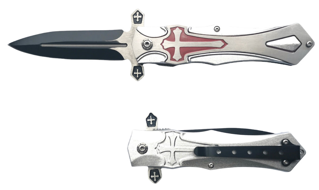 Red & Silver Folding Knife Crusader Logo