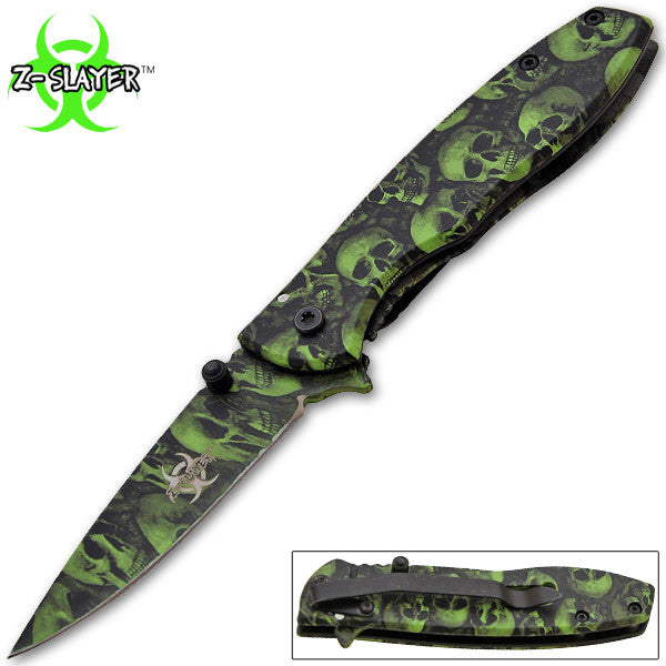 Z-Slayer Trigger Action Knife - Green Skulls, , Panther Trading Company- Panther Wholesale