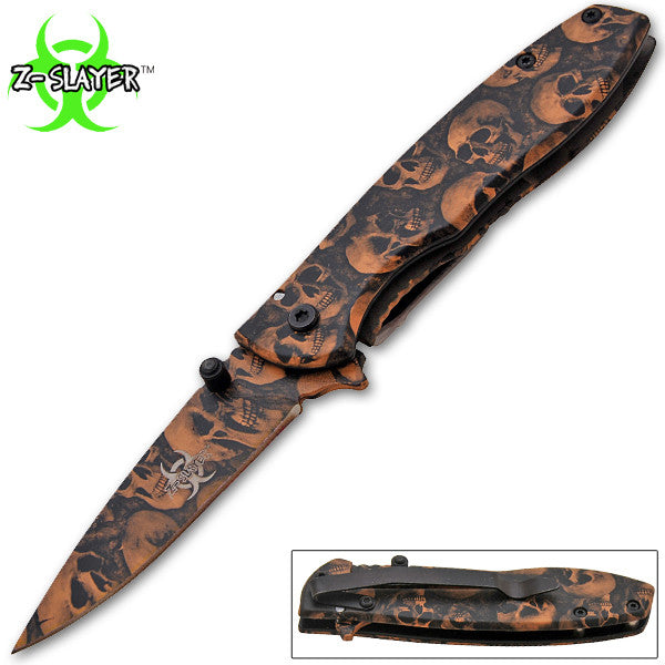 Z-Slayer Trigger Action Knife - Beige Skulls, , Panther Trading Company- Panther Wholesale