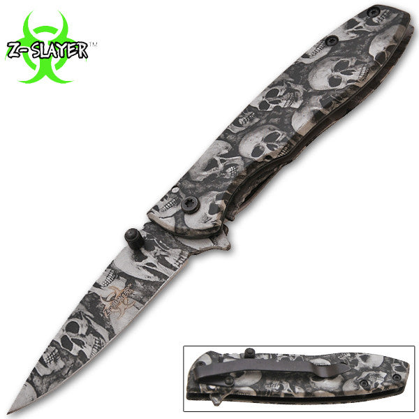 Z-Slayer Trigger Action Knife - Silver Skulls, , Panther Trading Company- Panther Wholesale