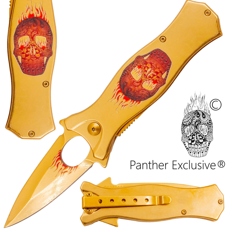 7.5 Inch Golden Ticket Spring Assisted Knife Flaming Sugar Skull (Red/Orange)