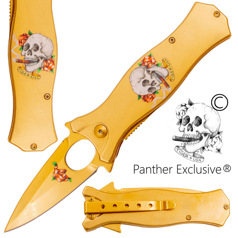 7.5 Inch Golden Ticket Spring Assisted Knife Skull Cigar Rose (Orange)