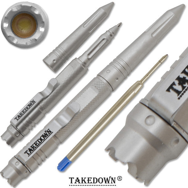 6 Inch TAKEDOWN Tactical Pen w/ Clip- Shiny SIlver Finish, , Panther Trading Company- Panther Wholesale
