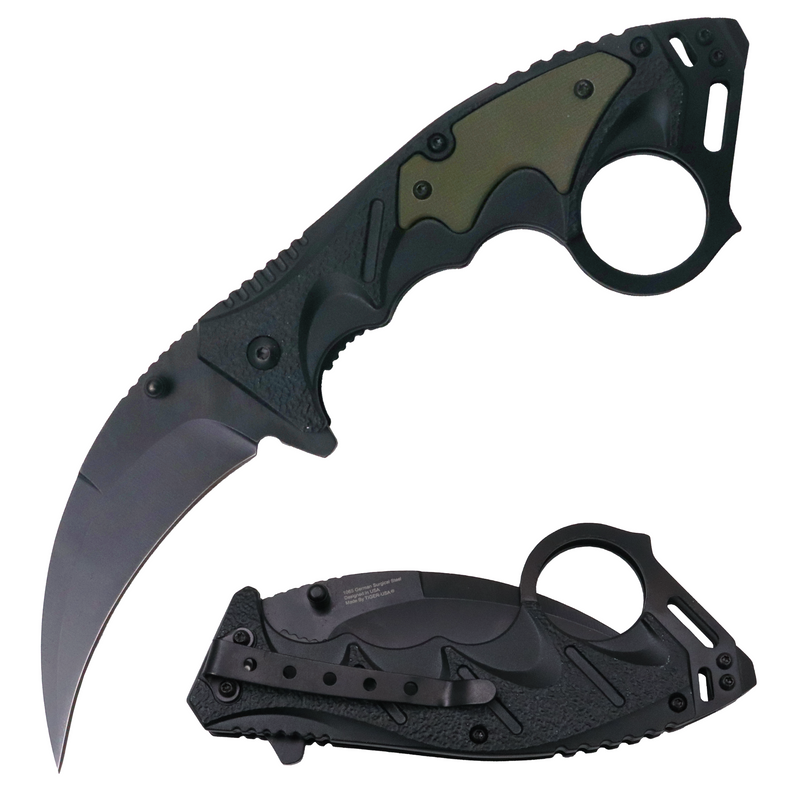 Tiger-USA Spring Assisted Ergogrip Karambit Knife - BLACK AND GREEN