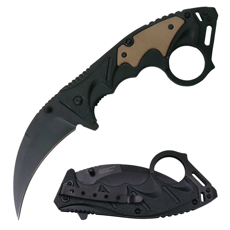 Tiger-USA Spring Assisted Ergogrip Karambit Knife - BLACK AND TAN